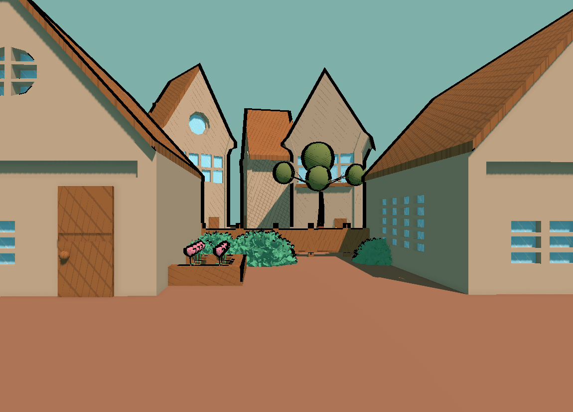 Screenshot of a game scene. A small collection of houses is clustered in the background, with some bushes and flowers in a garden. The game is rendered with flat colours and simple models but there's colour crosshatching and outlines over the models, especially the further away ones.